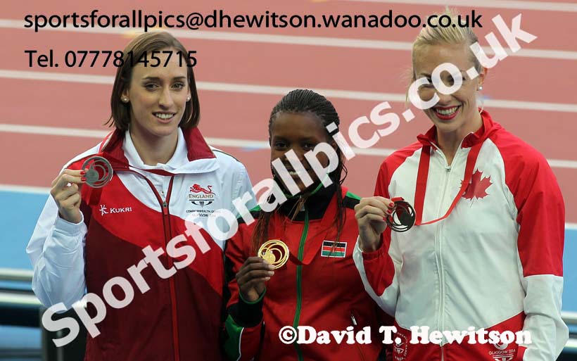 Laura Weightman (England) with her silver medal on the podiem with gold medal Nicole Sifuentes (Kenya) and bronze medal Selah Busienei (Canada) in the 1500 metres, 2014 Commonwealth Games, Glasgow. Photo: David T. Hewitson/Sports for All Pics